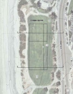 This sketch shows the area of Powerhouse Park that will be taken up by a large tent that will be installed for two weeks to accommodate events before and during the 2017 Breeders’ Cup, which will be held in Del Mar for the first time this November. Courtesy rendering