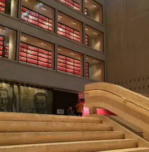 Glass windows at the Lyndon Baines Johnson Library and Museum expose the bright red boxes containing 45 million pages of historical documents gathered during LBJ’s presidency (1963-1969). The library was dedicated in May1971; Johnson died in January 1973. (Photo by E’Louise Ondash) 